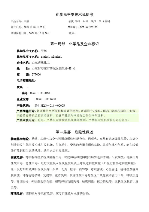 甲醇平安技术说明书正式版