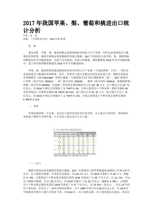2017年我国苹果、梨、葡萄和桃进出口统计分析