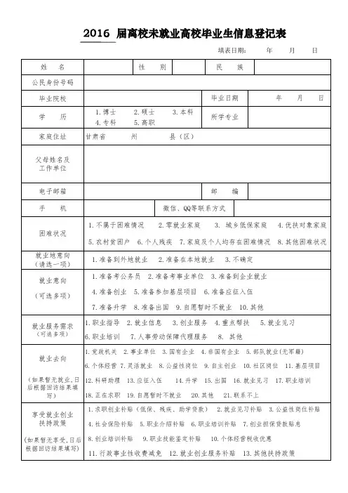 2016-届离校未就业高校毕业生信息登记表