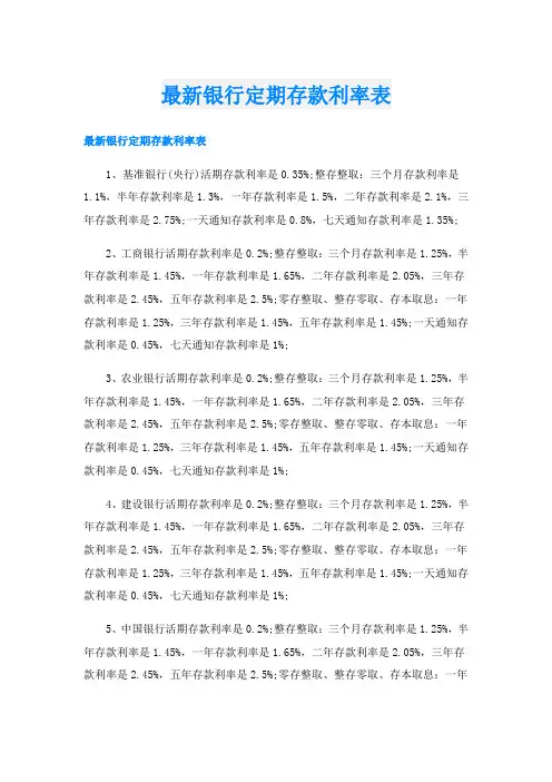 最新银行定期存款利率表