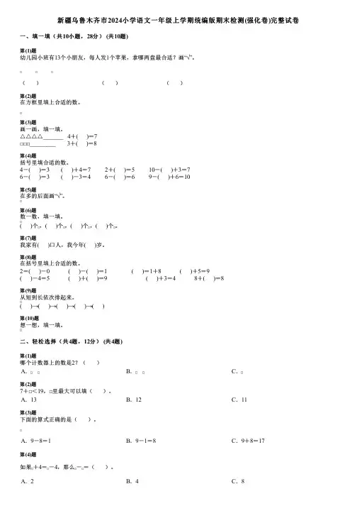新疆乌鲁木齐市2024小学数学一年级上学期统编版期末检测(强化卷)完整试卷