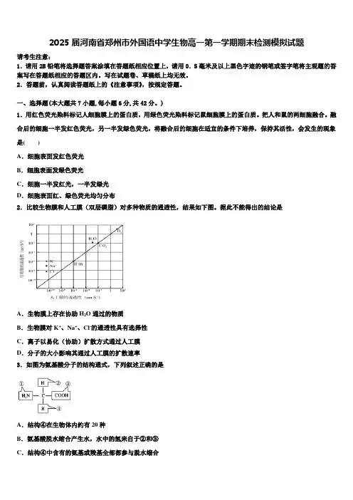 2025届河南省郑州市外国语中学生物高一第一学期期末检测模拟试题含解析