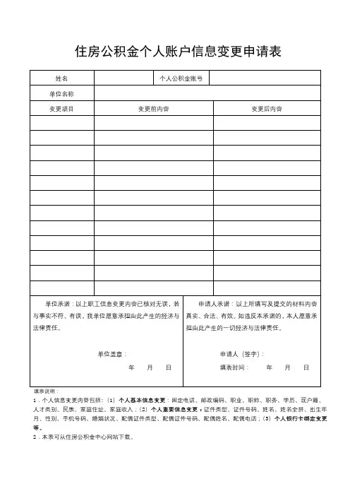 住房公积金个人账户信息变更申请表【模板】