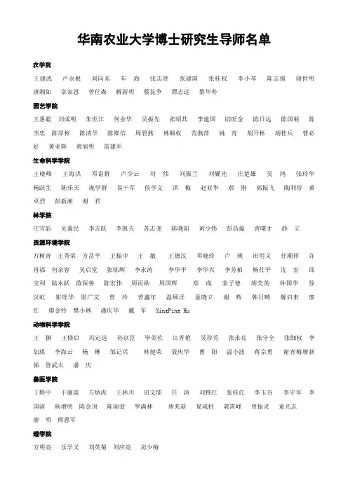 华南农业大学博士研究生导师名单
