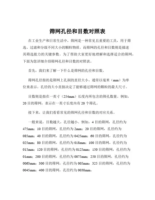 筛网孔径和目数对照表