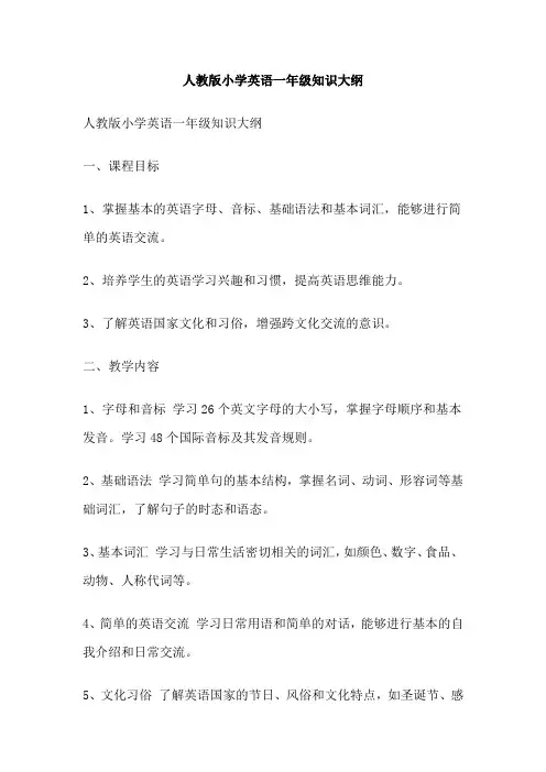 人教版小学英语一年级知识大纲