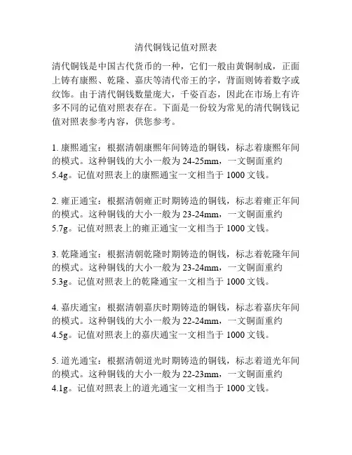 清代铜钱记值对照表