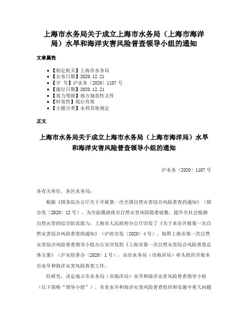 上海市水务局关于成立上海市水务局（上海市海洋局）水旱和海洋灾害风险普查领导小组的通知