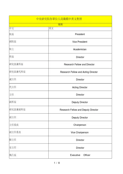 研究报告院各单位人员职称中英文对照