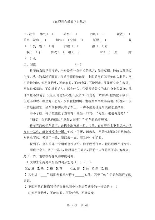 九年级在烈日和暴雨下练习题及答案
