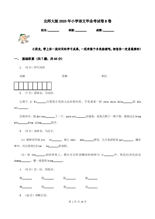 北师大版2020年小学语文毕业考试卷B卷