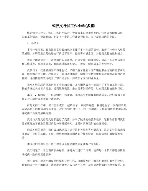 银行支行长工作小结(多篇)