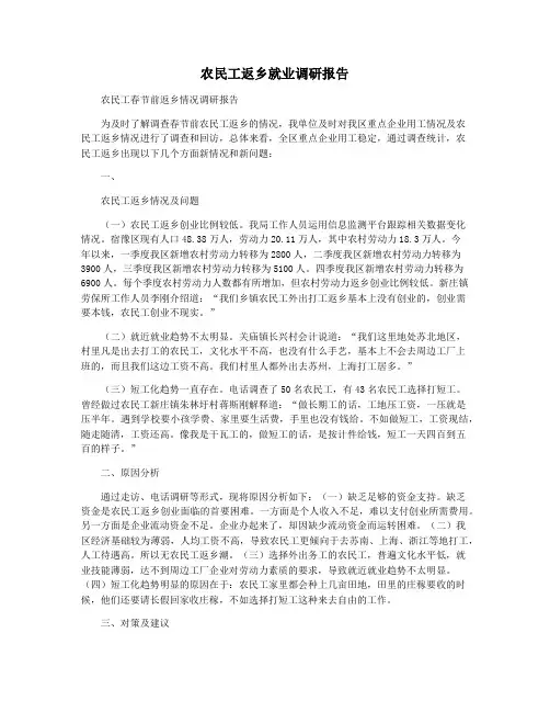 农民工返乡就业调研报告