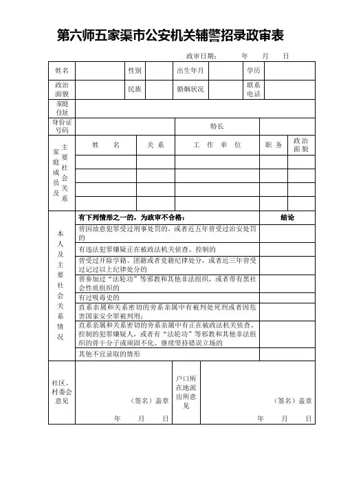 第六师五家渠公安机关辅警招录政审表