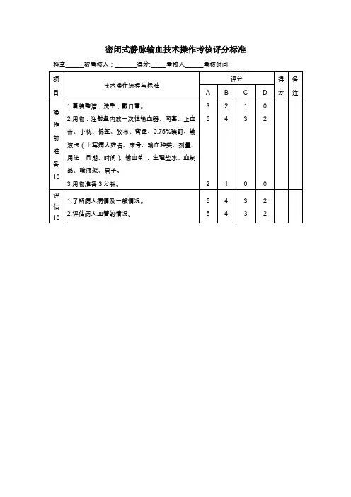 密闭式静脉输血技术操作考核评分标准