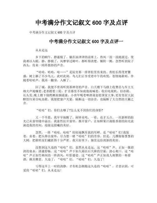 中考满分作文记叙文600字及点评