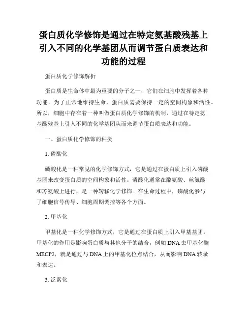 蛋白质化学修饰是通过在特定氨基酸残基上引入不同的化学基团从而调节蛋白质表达和功能的过程