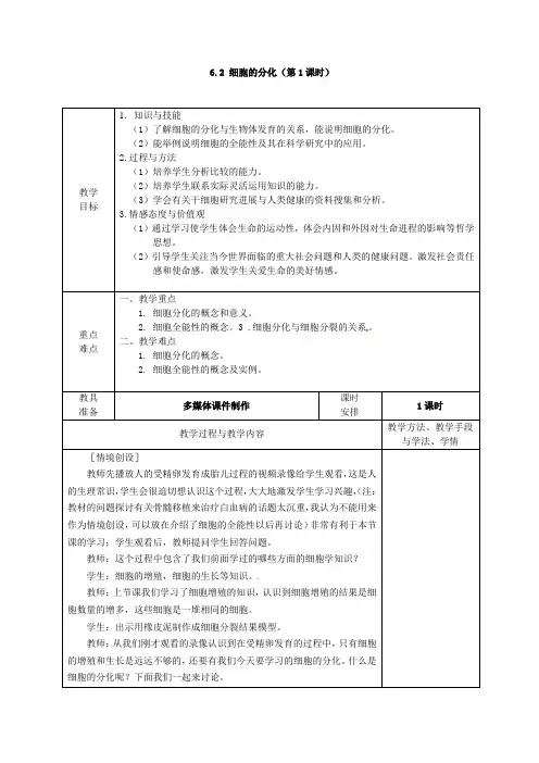广东省高一生物必修一 第六章第二节《细胞的分化》全套教案