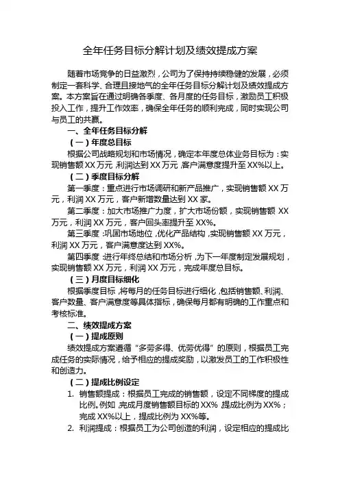 全年任务目标分解计划及绩效提成方案