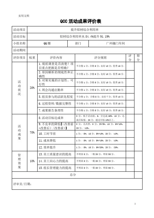 QCC活动成果评价表