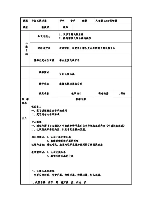 高中音乐人音版选修演奏 公开课教案中国民族管弦乐队的构成及主要乐器简介