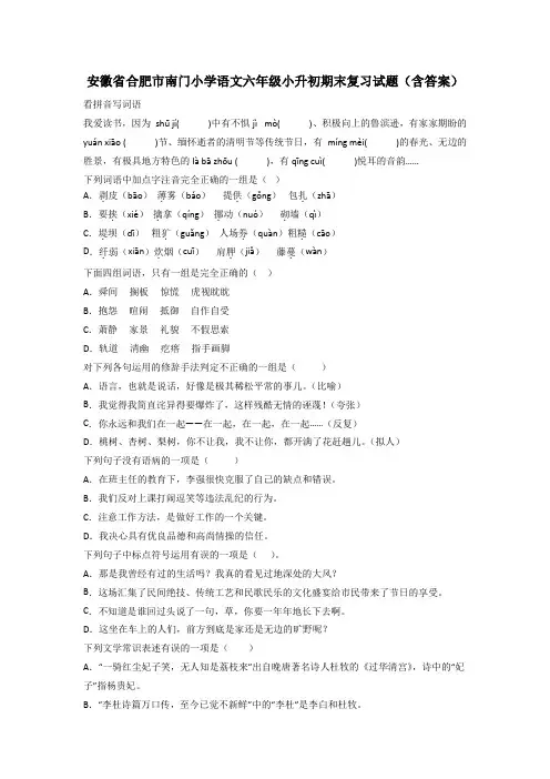 安徽省合肥市南门小学语文六年级小升初期末复习试题(含答案)