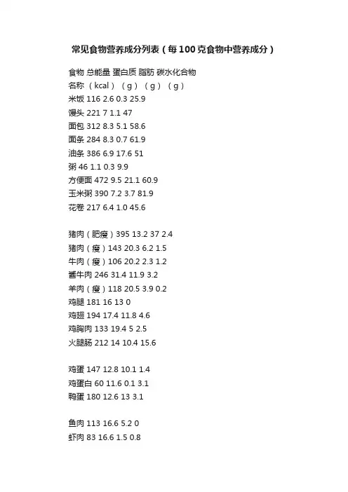 常见食物营养成分列表（每100克食物中营养成分）