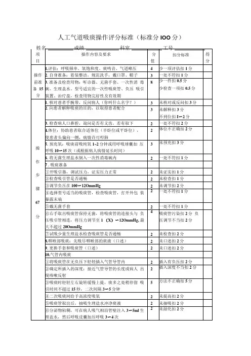 人工气道吸痰操作及评分标准