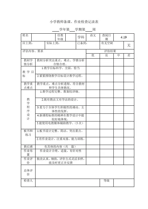 小学教师备课、作业检查记录表