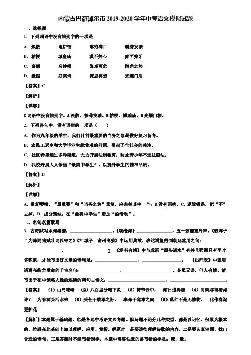 内蒙古巴彦淖尔市2019-2020学年中考语文模拟试题含解析