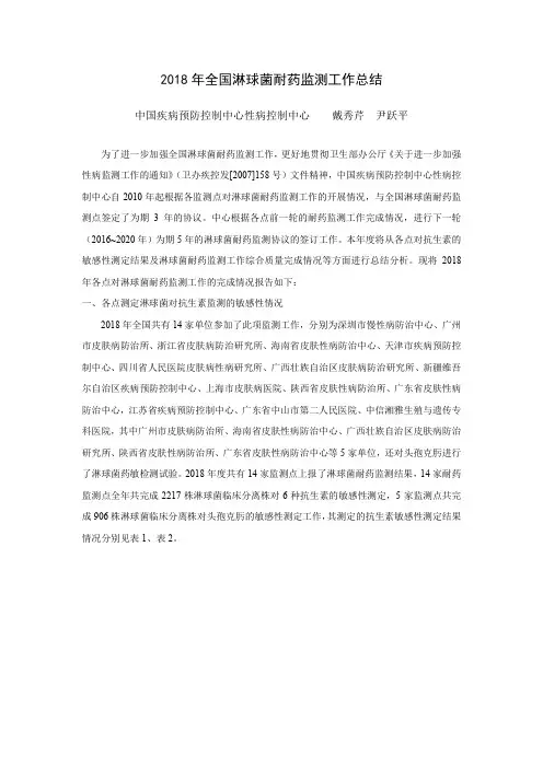 2018年全国淋球菌耐药监测工作总结