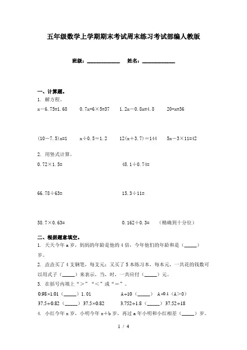 五年级数学上学期期末考试周末练习考试部编人教版