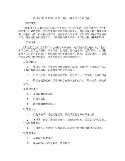 教科版六年级科学下册第一单元《微小世界》教学设计