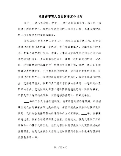 市场部管理人员的销售工作计划(5篇)