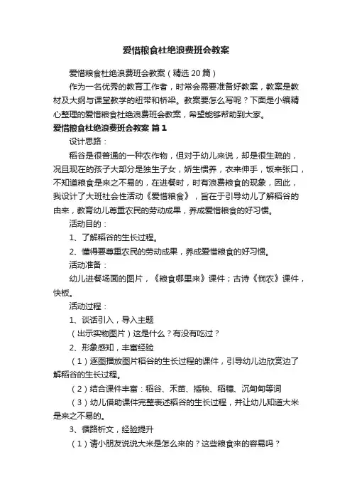 爱惜粮食杜绝浪费班会教案（精选20篇）