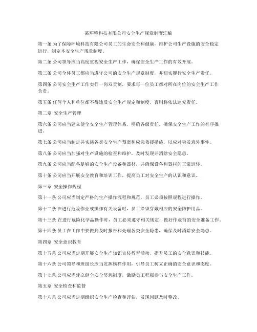 某环境科技有限公司安全生产规章制度汇编