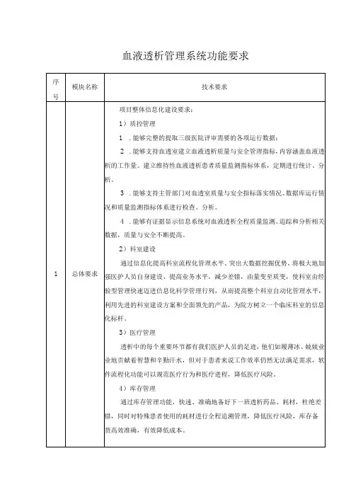 血液透析管理系统功能要求
