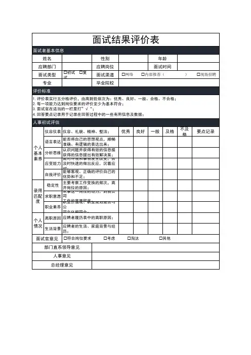 面试结果评价表excel模板