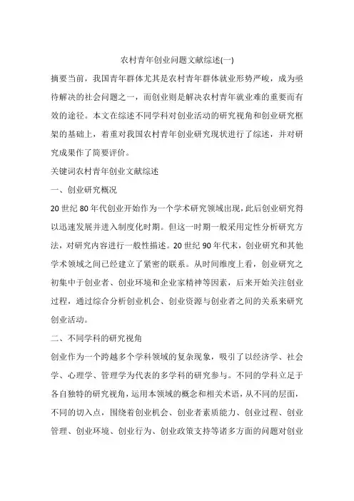 农村青年创业问题文献综述(一)