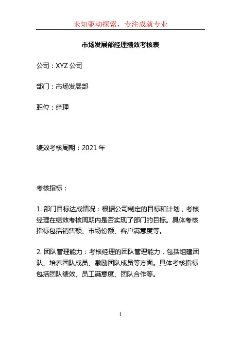 市场发展部经理绩效考核表