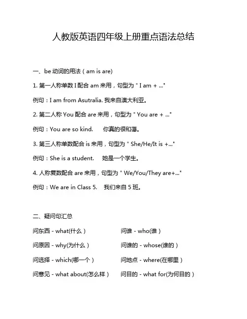 人教版英语四年级上册重点语法总结