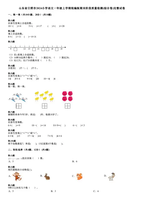 山东省日照市2024小学数学一年级上学期统编版期末阶段质量检测(综合卷)完整试卷