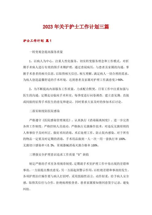 2023年关于护士工作计划三篇