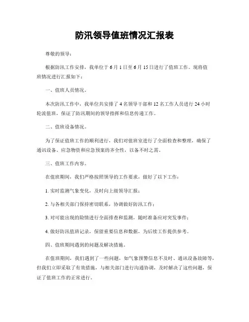 防汛领导值班情况汇报表
