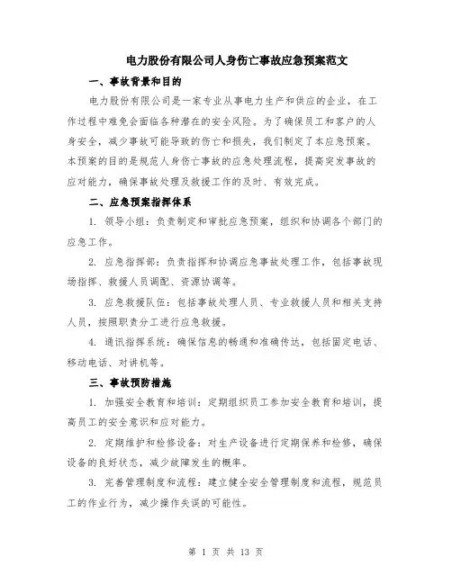 电力股份有限公司人身伤亡事故应急预案范文（4篇）