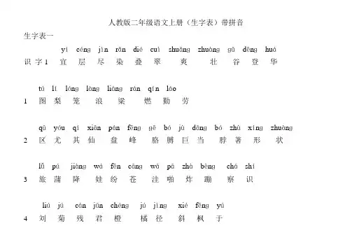 人教版二年级语文上册生字表带拼音