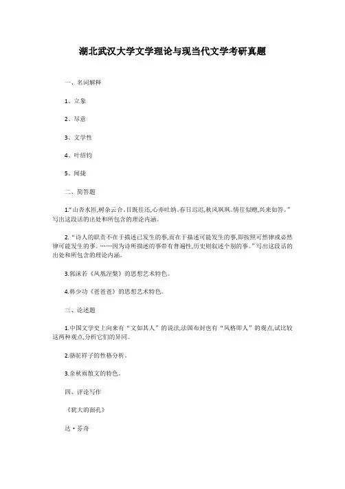 2020年湖北武汉大学文学理论与现当代文学考研真题