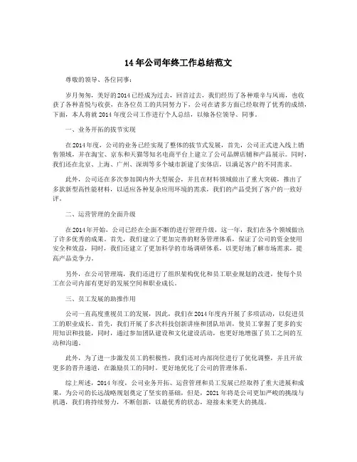 14年公司年终工作总结范文