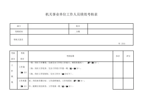 机关事业单位工作人员绩效考核表模板