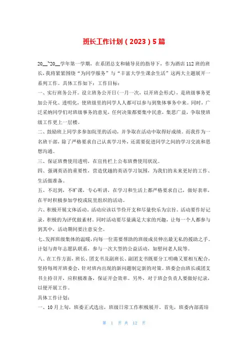 班长工作计划(2023)5篇